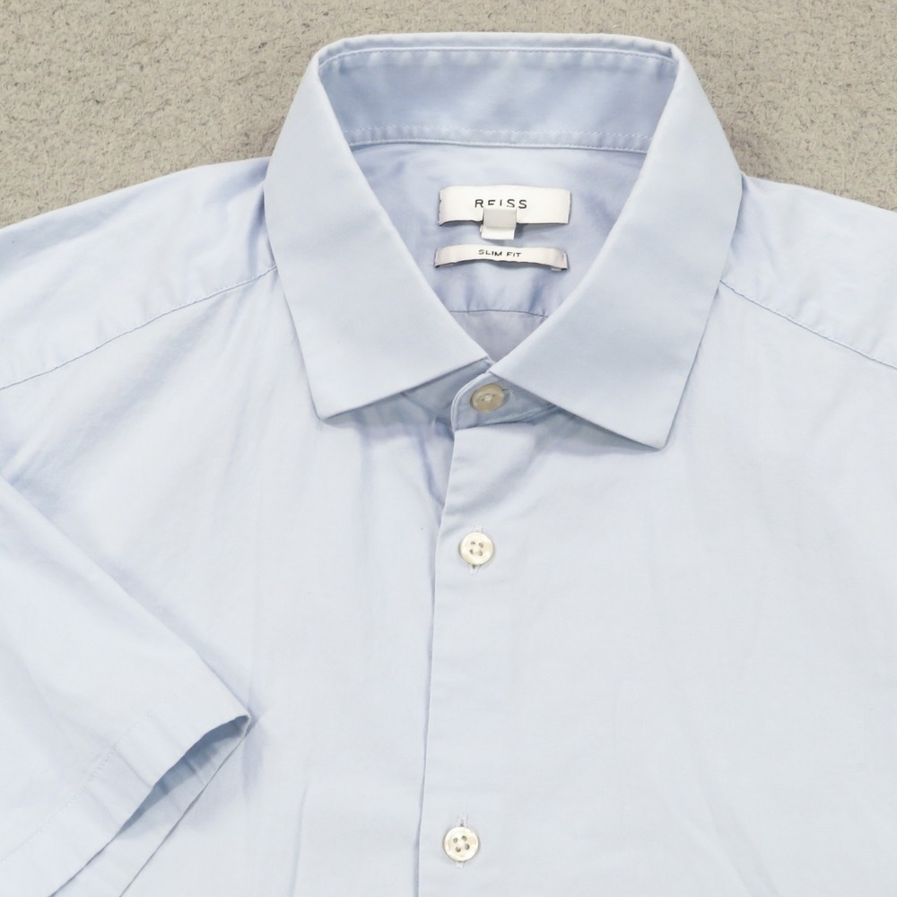 REISS Shirt Men Large Slim Fit Light Blue Short Sleeve Button Up Poplin Redmayne